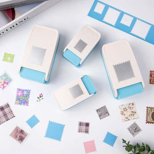 4 Size Stamp Puncher, 1 inch & 1.5 inch Square Stamp Punch, 1.5X1.25inch & 1x0.8 inch Rectangular Postage Stamps Puncher, Stamps Shaped Paper Punch, Craft Punches for Crafting DIY Scrapbooking