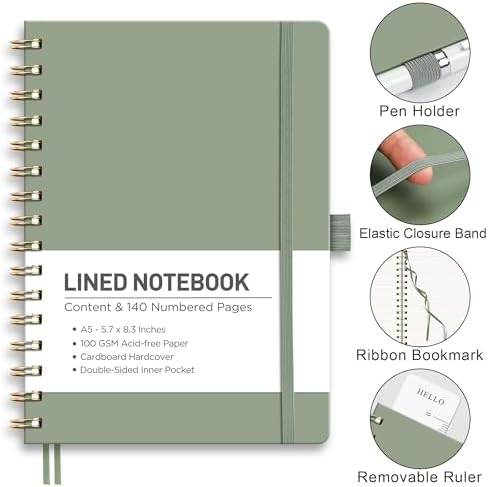 RETTACY Lined Journal Notebook, 140 Numbered Pages, A5 Size (5.7'' x 8.3'')