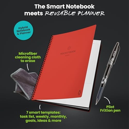 Rocketbook Fusion Reusable Undated Productivity Planner, Executive Size 6x8.8, Red - Goals, Monthly and Weekly Calendar, Daily To-do List, Lined and Dotted Notes Pages