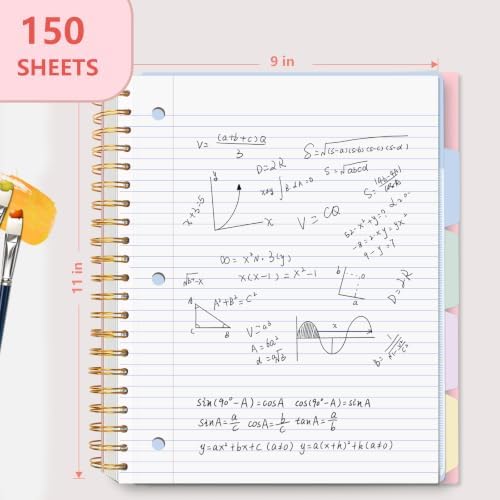 5 Subject Spiral Notebook, College Ruled, 150 Sheets, Pink Plastic Cover, 5 Movable Pastel Tab Dividers with Pockets, 3-Hole Punched, 75gsm Paper, Writable Stickers, Fits 8.5 x 11 in Paper