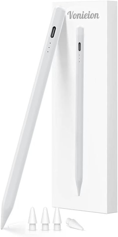 Stylus Pen for iPad with Shortcuts & Battery Display – 15-Min Fast Charge, Palm Rejection, Tilt Sensitivity, Magnetic – Compatible with iPad Pro/Air/Mini (2018-2026) – White