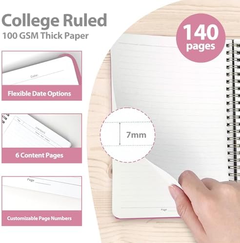 VALOME Journaling Notebooks, A5 Lined Spiral Notebook for Women & Men, 146 Pages College Ruled Hardcover Note Book for Work, Note Taking, Journaling, School, Writing (Rose Pink)