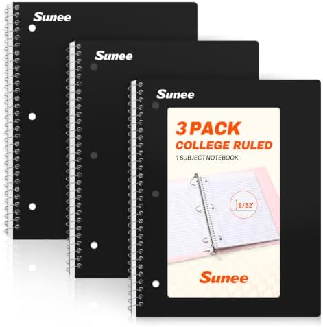 SUNEE Spiral Notebooks, 3 Pack, 1-Subject, College Ruled Paper, 8" x 10-1/2", 70 Sheets per Notebook, Black