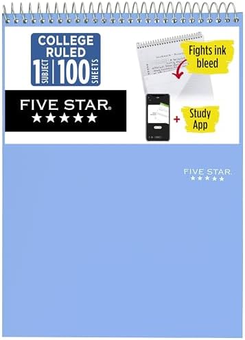Five Star Top Spiral Notebook + Study App, 1 Subject, College Ruled Notepad, 8-1/2" x 11", 100 Sheets, Fights Ink Bleed, Water Resistant Cover, Tidewater Blue (820058D-ECM)