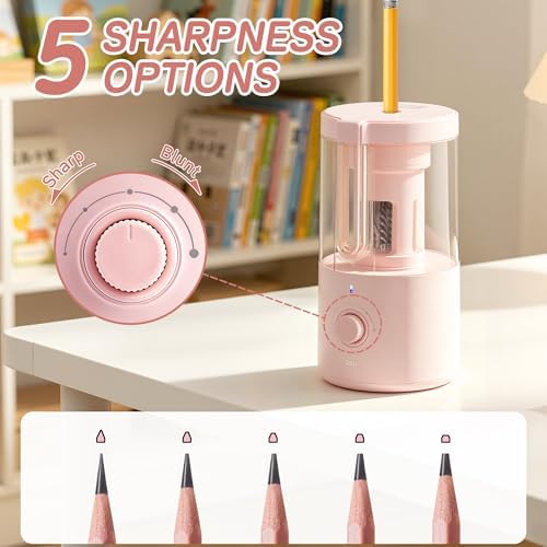 Deli Electric Pencil Sharpener, Fully Automatic Pencil Sharpener for 6.9-8mm No.2 & Colored Pencils, Auto in & Out, Rechargeable Hands-Free Sharpener for Classroom, Home, Office, Pink