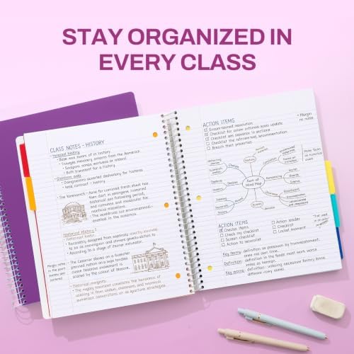 SUNEE 5 Subject Notebook College Ruled - 400 Pages, 9"x11", 5 Pocket Colored Dividers, 3-Hole Punched Paper, Dark Purple