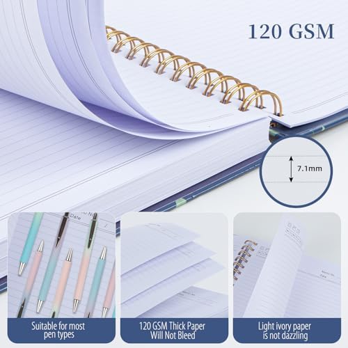 Hardcover Spiral Notebook 8.5" x 11" with Removable Dividers, 300 Pages 5 Subject College Ruled Notebook for Work with Tabs, A4 Spiral Journal for Women Men, School Students Note Taking, Navy Floral