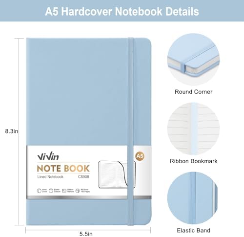 ViVin 8 Pack A5 Hardcover Lined Notebook,192 pg College Ruled 5.5x8.3