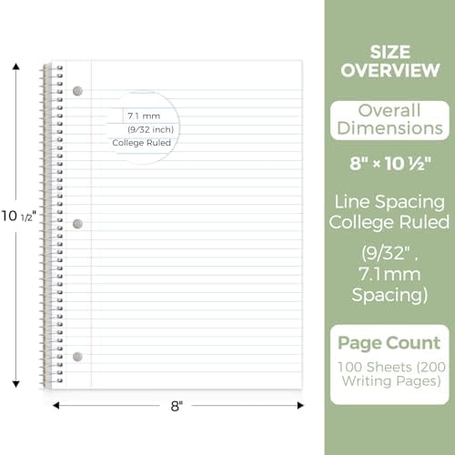 SKYDUE 8"x10.5" Spiral Notebook - College Ruled 100 Sheets, 1 Subject Notebook for School & Office, 3-Hole Punched Paper, Green