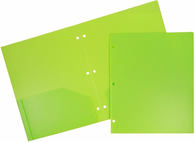 JAM PAPER Heavy Duty Plastic 3 Hole Punch Pocket Folders - Extra Tough School Folders - Lime Green - Bulk 144/Box
