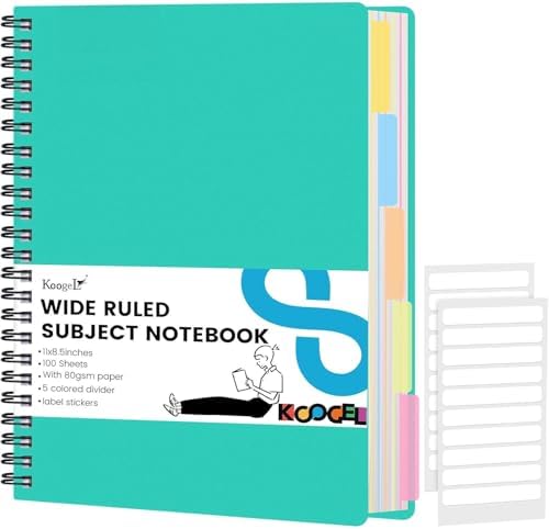 Koogel Spiral Notebook with Tabs, 5 Subject Spiral Notebook Wide Ruled with Removable Dividers, 200Pages Lined Journals for Women Journals Note Taking Work School Gifts, 8.5x11Inch, Green
