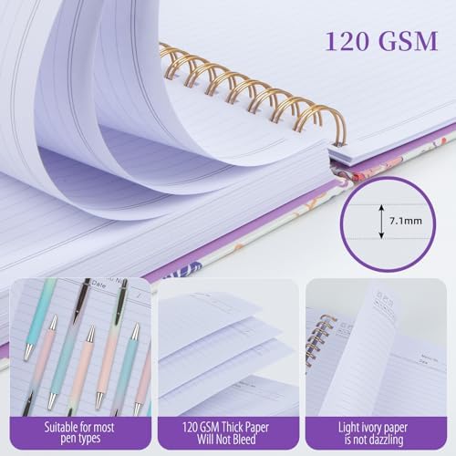 Hardcover Spiral Notebook 8.5" x 11" with Removable Dividers, 300 Pages 5 Subject College Ruled Notebook for Work with Tabs, A4 Spiral Journal for Women Men, School Students Note Taking, Purple Floral