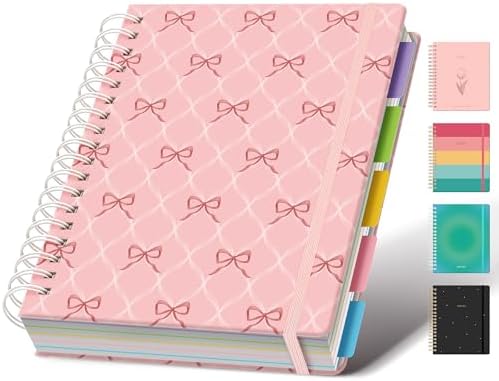 Hardcover Spiral Notebook Journal for Women & Men, Cute 5 Subject Notebook College Ruled for School & Work, Pink Journaling Notebooks with Removable Dividers Tabs, 8" x 10", 300 Pages, Bows
