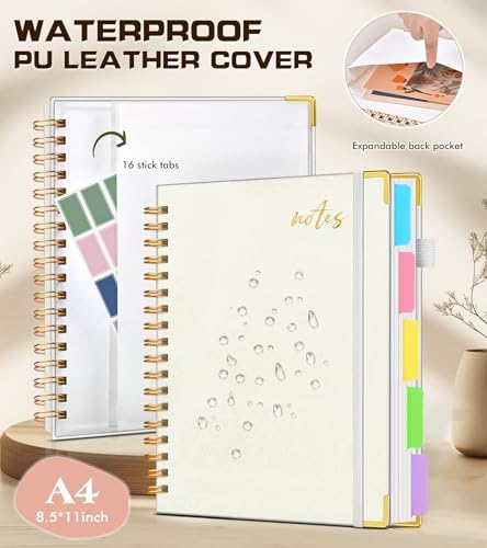 Hardcover Spiral Notebook 8.5"x11" Journal with Removable Dividers Tabs, 300 Pages Organizer Notebooks for Work School, Leather 5 Subject Notebook College Ruled, Large Lined Journal for Women，White