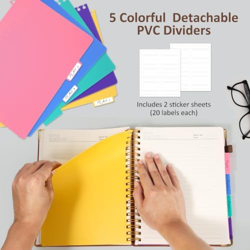 Hardcover Spiral Notebook Journal, 8"x10" Large B5 Notebooks with Removable Dividers Tabs, 300 Pages Leather 5 Subject Notebook College Ruled, Lined Journal for Women Work School Note Taking, Brown
