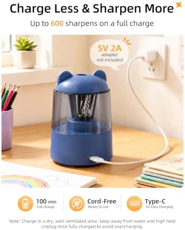 ZMOL Rechargeable Electric Pencil Sharpener for Colored Pencils Blue