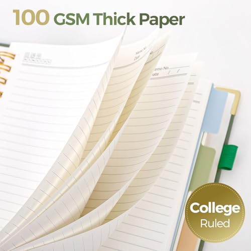 SKYDUE 5 Subject Notebook with Dividers and Tabs, 8" x 10" College Ruled Notebook for Work, 300 Pages Spiral Journal for Women, Green