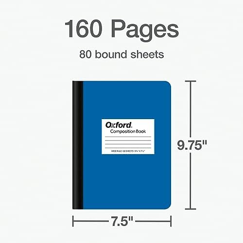 Oxford Composition Notebook 12 Pack, Notebooks for School, School Supplies, Journal for School Notes, College Ruled Paper, Writing Book, 7.5 x 9.75 Inches, 80 Sheets, Blue Covers (63742)