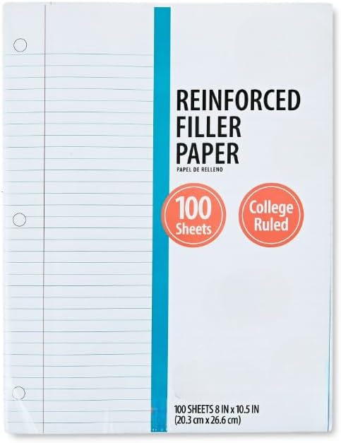 College Ruled Reinforced Filler Paper, 8 x 10.5 Inch, 100 Sheets, 3-Hole Punched Loose Leaf Notebook Paper for School, Office & Note Taking