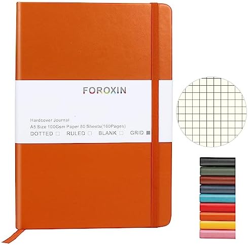Grid Journal Bullet Notebook - Orange Leather Cover, 8.3 x 5.7Inch, 160 Pages, 100gsm Paper, Hardcover with Inner Pocket, Elastic Closure and Ribbon Bookmark, Great for Women and Men