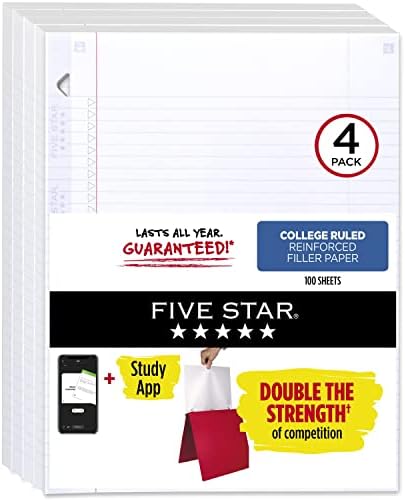 Five Star Loose Leaf Paper + Study App, 4 Pack, 3 Hole Punched, Reinforced Filler Paper, College Ruled Paper, 11" x 8-1/2", 100 Sheets/Pack (38032)