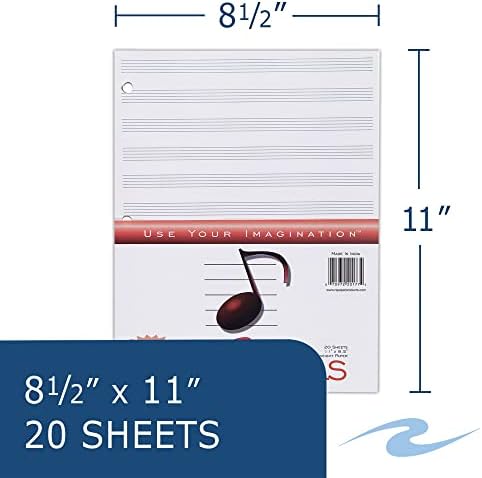 Roaring Spring Loose Leaf Music Filler Paper, 20 Sheets 8.5"x11" with 12 Staves of Music Lines, Heavyweight 24# Smooth White Paper, 3 Hole Punched (Pack of 2)