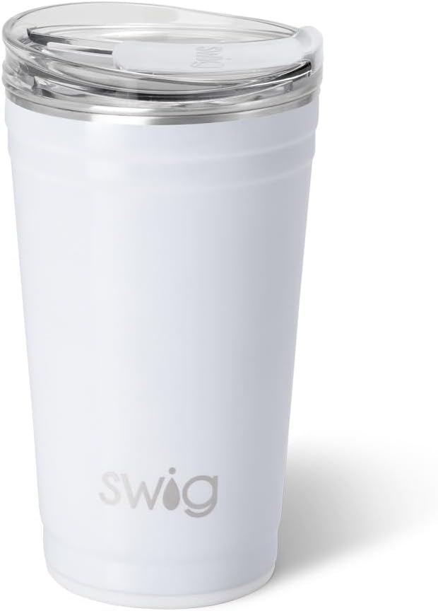 Swig Life 24oz Party Cup, Stackable Insulated Travel Coffee Tumbler with EZ Slider Lid, Cup Holder Friendly, Stainless Steel 24 oz Tumbler, Reusable Coffee Mug (Diamond White)