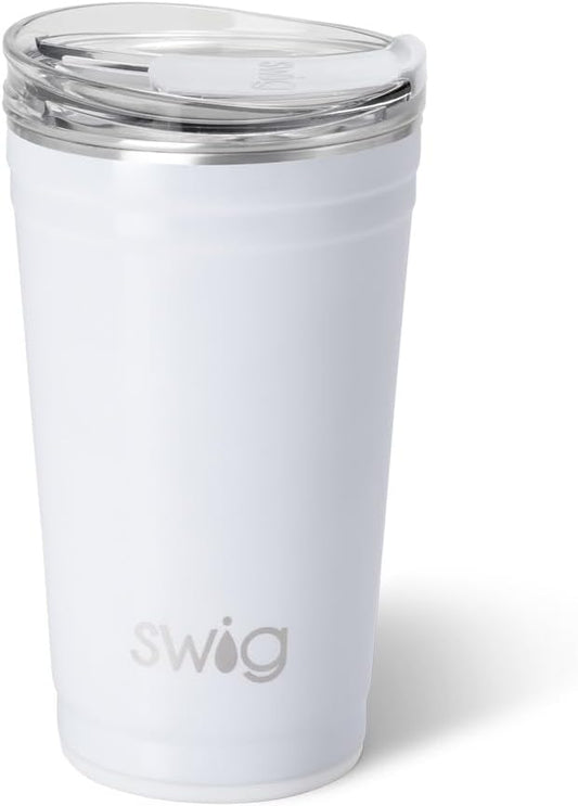 Swig Life 24oz Party Cup, Stackable Insulated Travel Coffee Tumbler with EZ Slider Lid, Cup Holder Friendly, Stainless Steel 24 oz Tumbler, Reusable Coffee Mug (Diamond White)