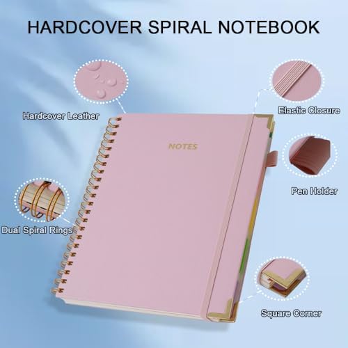 Hardcover Spiral Five Subject Notebook, Multi Subject Notebooks, Pink