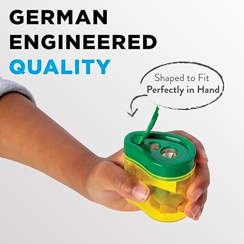 Ticonderoga Two-Hole Manual Pencil Sharpener for Standard and Beginner Pencils, Yellow/Green, 2" x 2" x 1.25", German-Engineered, 1 Count