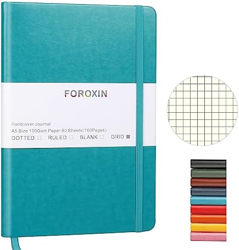 Grid Journal Bullet Notebook - Turquoise Leather Cover, 8.3 x 5.7Inch, 160 Pages, 100gsm Paper, Hardcover with Inner Pocket, Elastic Closure and Ribbon Bookmark, Great for Women and Men
