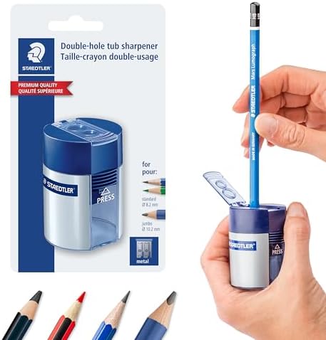 STAEDTLER Double-Hole Tub Pencil Sharpener: Dual Size Manual Sharpener for Standard Graphite & Colored Pencils - Compact Design - Ideal for Classroom, Home, Office, & Art Studio