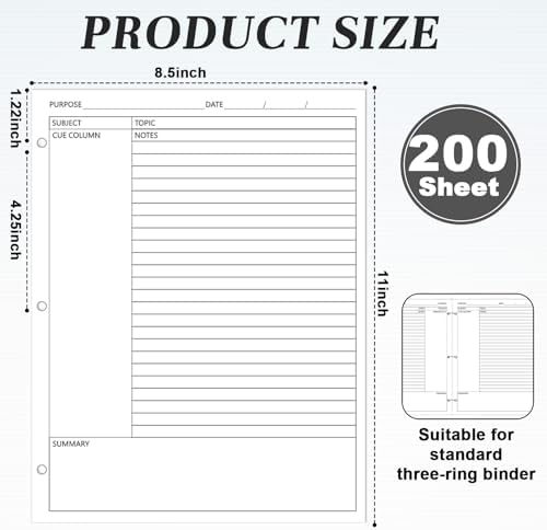 gisgfim 200 Sheets Cornell Notes Loose Leaf Paper Notebook Taking System Filler Paper 8.5×11 Inch 3 Hole Punch Cornell-Style Notes Pages Note Taking Supplies for School Office Business Home 80gsm