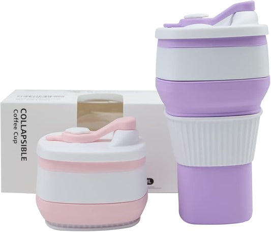 Collapsible Travel Coffee Cups Set of 2 - Silicone Foldable Mugs with Leakproof Lids, BPA Free, Microwave and Dishwasher Safe - 10oz (300ml) for Travel, Office, Camping
