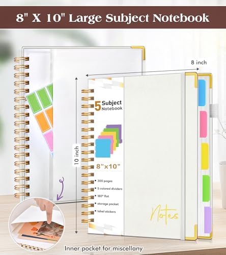 5 Subject Graph Paper Notebook with Removable Dividers Tabs, 300 Pages Hardcover Leather Grid Spiral Journal, 8"x10" B5 Large Graphing Notebooks for Women Men Work School College Engineering, White