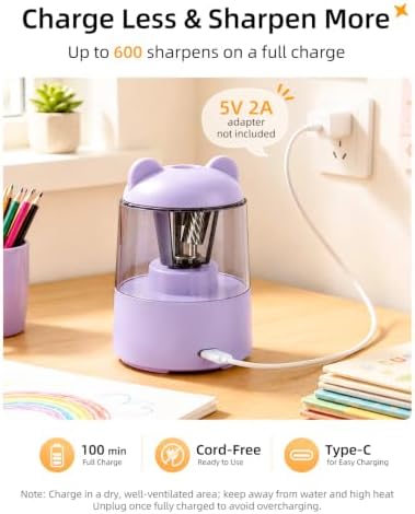 ZMOL Rechargeable Electric Pencil Sharpener for Colored Pencils Purple