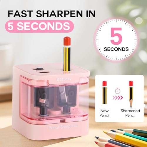 Eagle Electric Pencil Sharpener, Dual Holes, Battery Powered for School/Office/Art, 5s Fast Sharpening, Portable w/Large Shaving Tray & Replaceable Blades, for 6-12 mm Pencils(Pink)