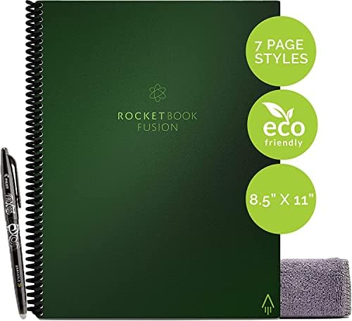 Rocketbook Fusion Reusable Undated Productivity Planner, Letter Size 8.5x11, Green - Goals, Monthly and Weekly Calendar, Daily To-do List, Lined and Dotted Notes Pages