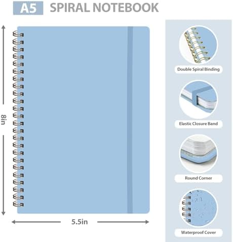 A5 Lined Spiral Journal Notebook, 146 Pages Hardcover Notebook with 100 GSM Thick Paper, Inner Pocket & Elastic Closure, 5.7" x 7.9", Notebooks for Work, School, College, Office, Journaling & Note Taking