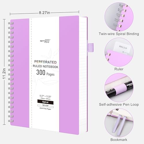 RETTACY Spiral College Ruled Notebook, 300 Perforated Pages (8.2" x 11.2")