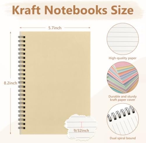 Fuutreo 12 Pcs Spiral Notebook for Work A5 8.3 x 5.7 Inch College Ruled Spiral Journal Notebook Kraft Cover Ruled Paper, 12 Color, 60 Sheets, 120 Pages for Office School (Happy Color,Classic)