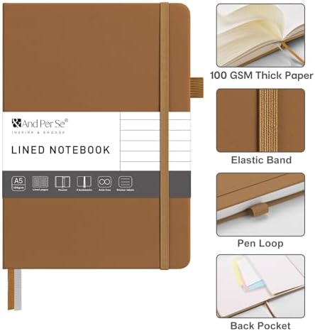 &And Per Se Lined Journal Notebook – A5 5.7”x8” College Ruled, 160 Pages, 100gsm Thick Paper, Journaling Notebooks for Writing (Light Brown)