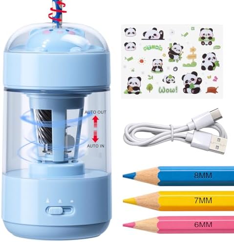 Rechargeable Automatic Electric Pencil Sharpener for Kids, Auto in & Out 3 Adjustable Thickness, Type-C Charging, Cute DIY Stickers, for 6-8mm Pencils, 3s Fast Sharpening for School & Home (Blue)