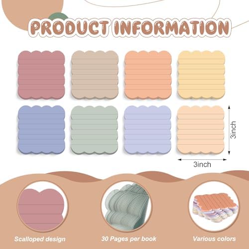 Eaasty 8 Pack Scalloped Sticky Notes Lined 3" X 3" Morandii Memo Pads