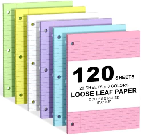 120 Sheets Loose Leaf Paper College Ruled, 8x10.5 Colored Notebook Paper