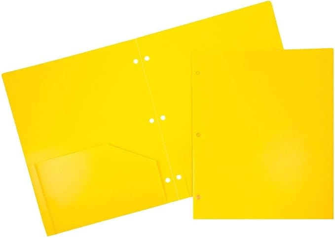 JAM PAPER Heavy Duty Plastic 3 Hole Punch Pocket Folders - Extra Tough School Folders - Yellow - 24/Pack