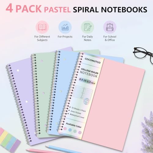 4 Pack Spiral Notebooks, 1 Subject College Ruled, 10.5 x 8 in, 70 Sheets Each, 3-Hole Punched Perforated Pages, Plastic Covers with Pockets, Silver Coil, Assorted Colors