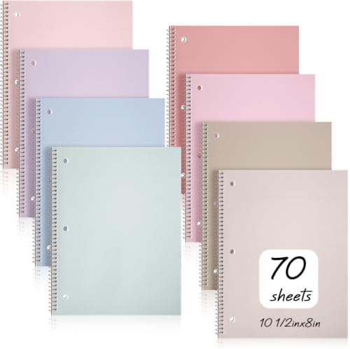 Teling 8 Pcs 1 Subject Spiral Notebook for Work College Ruled 8 x 10 1/2 Inch Spiral Journal Notebook 3 Hole Punched Paper Tear Line 70 Sheets Office School Study Supplies (Subtle Color)