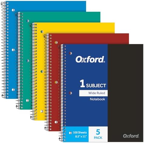 Oxford 1 Subject Spiral Notebook, Notebooks for School, Plastic Covers, Back to School Supplies, Wide Ruled, 100 Sheets, 5 Pack, Assorted Primary Colors: Black, Blue, Red, Green and Yellow (1009290)