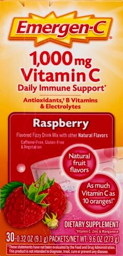 Emergen-C 1000mg Vitamin C Immune Support Powder Raspberry 30CT Includes Zinc, Manganese, 7 B Vitamins and Electrolytes for Back to School Essentials (Pack of 12)